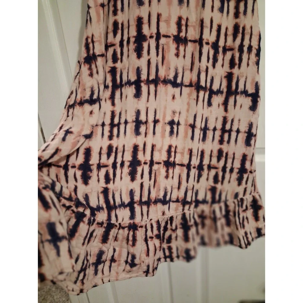 Boho 100% Cotton Tie Dye Midi Dress Tie Shoulder Ruffle Hem Fall Layering Small